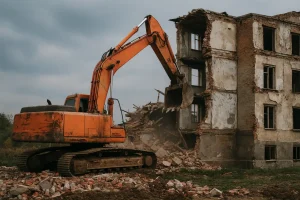 гидравлический экскаватор разрушает старое кирпичное здание, вокруг разбросаны обломки и строительный мусор, пасмурное небо, реалистичная сцена промышленного демонтажа.