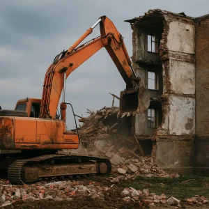гидравлический экскаватор разрушает старое кирпичное здание, вокруг разбросаны обломки и строительный мусор, пасмурное небо, реалистичная сцена промышленного демонтажа.