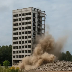 многoэтажное здание в момент контролируемого сноса, часть конструкции обрушена, клубы пыли поднимаются над развалинами, вокруг стройплощадка с остатками бетона и растительностью, на фоне — лесополоса и пасмурное небо.