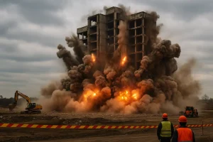 контролируемый взрыв многоэтажного здания, мощные вспышки и клубы пыли охватывают нижние этажи, конструкция начинает складываться внутрь, на переднем плане сотрудники в касках наблюдают за процессом за сигнальной лентой.