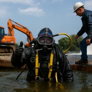 Водолаз в полном снаряжении с поднятым вверх большим пальцем стоит по пояс в воде, на фоне рабочий в каске заходит на баржу с экскаваторами.